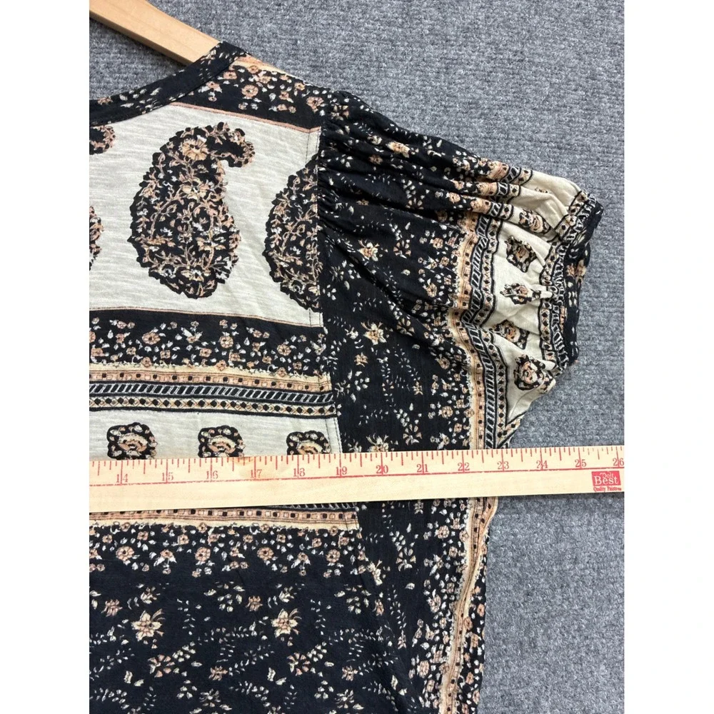 Free People Boho Paisley Floral Mixed Print Scoop Neck Low Puff Sleeve Knit Top